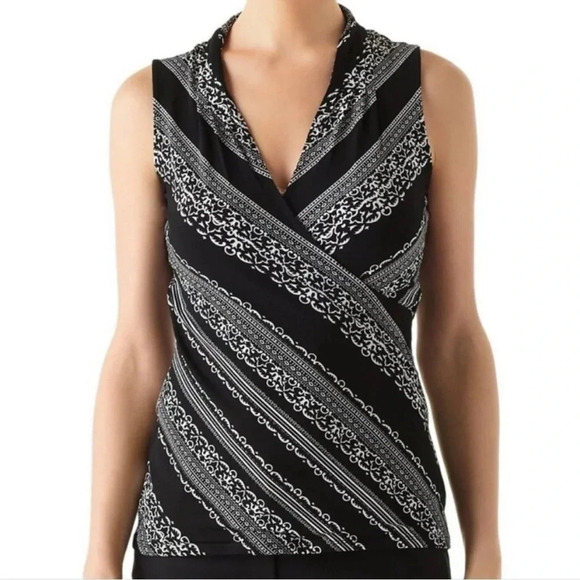 White House Black Market Tops - WHBM Faux Wrap Jersey Sleeveless Blouse Shell Tank Top Black White Print S